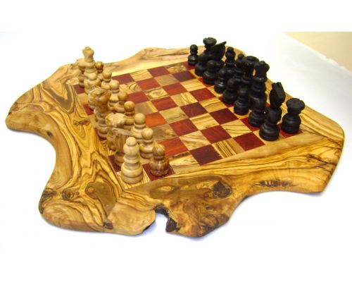 Olive Wood, Chess Set - Handmade, Rustic Style, Red, Medium 15.7''x15.7" (40 x 40cm) 