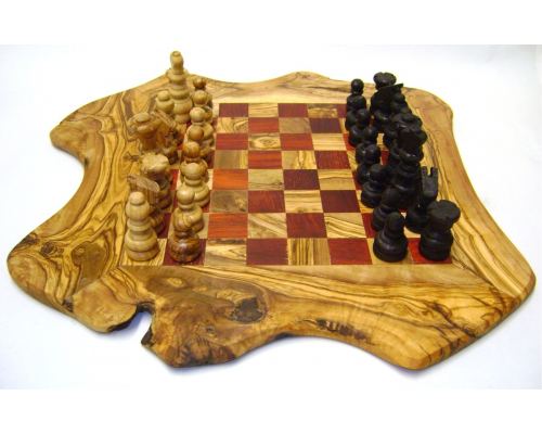 Olive Wood, Chess Set - Handmade, Rustic Style, Red, Medium 15.7''x15.7" (40 x 40cm) 