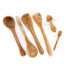 Olive Wood Kitchen Utensils Set of 6 - Handmade Cooking or Serving Set