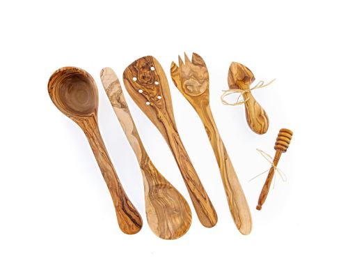 Olive Wood Kitchen Utensils Set of 6 - Handmade Cooking or Serving Set