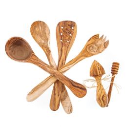 Olive Wood Kitchen Utensils Set of 6 - Handmade Cooking or Serving Set