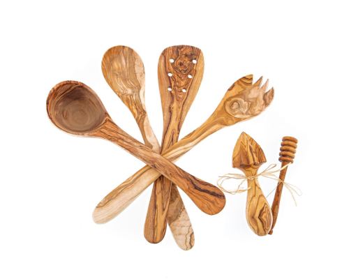 Olive Wood Kitchen Utensils Set of 6 - Handmade Cooking or Serving Set