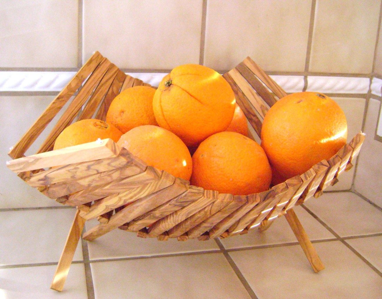 Olive Wood Fruit Basket - Handmade Folding Basket, 11" (29cm)