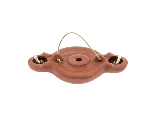 Oil Lamp - Handmade Quality Ceramic, Ancient Greek Style Replica - Brown, 2 Flames, Tabletop