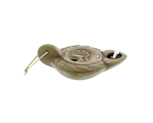 Oil Lamp - Handmade Quality Ceramic, Ancient Greek Style Replica - Olive Green, 1 Flame, Tabletop