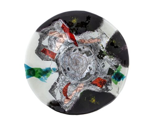 Decorative Round Platter, Handmade Fused Glass Centerpiece, Black & White Design 35cm (13.8")