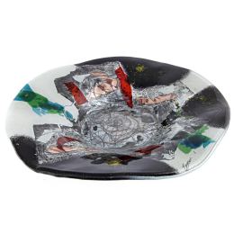 Decorative Round Platter, Handmade Fused Glass Centerpiece, Black & White Design 35cm (13.8")