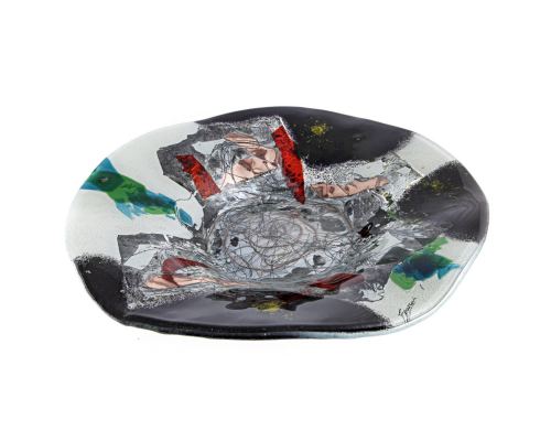 Decorative Round Platter, Handmade Fused Glass Centerpiece, Black & White Design 35cm (13.8")