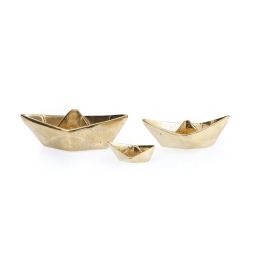 Boat Decorative Ornament Set of 3, Handmade Solid Bronze Metal, "Paper Boat" Design - Large, Medium & Small, Gold Color