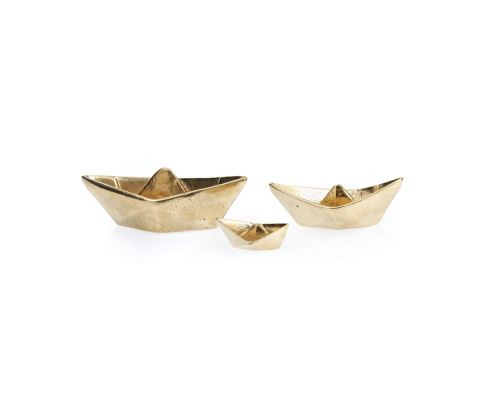 Boat Decorative Ornament Set of 3, Handmade Solid Bronze Metal, "Paper Boat" Design - Large, Medium & Small, Gold Color