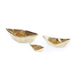 Boat Decorative Ornament Set of 3, Handmade Solid Bronze Metal, "Paper Boat" Design - Large, Medium & Small, Gold Color