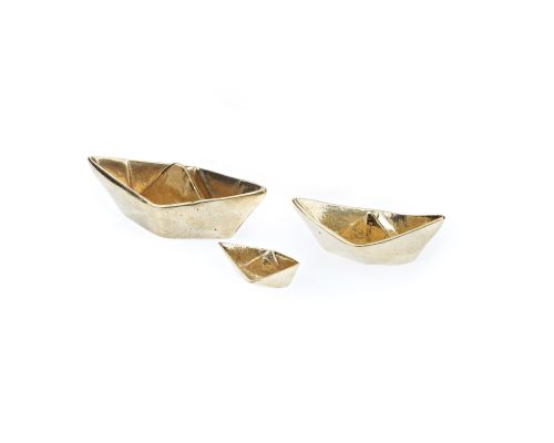 Boat Decorative Ornament Set of 3, Handmade Solid Bronze Metal, "Paper Boat" Design - Large, Medium & Small, Gold Color