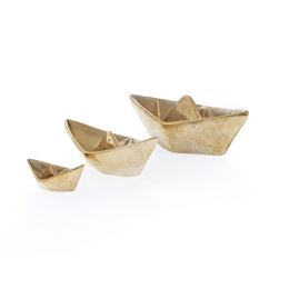 Boat Decorative Ornament Set of 3, Handmade Solid Bronze Metal, "Paper Boat" Design - Large, Medium & Small, Gold Color