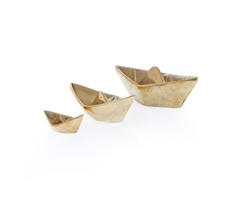 Boat Decorative Ornament Set of 3, Handmade Solid Bronze Metal, "Paper Boat" Design - Large, Medium & Small, Gold Color