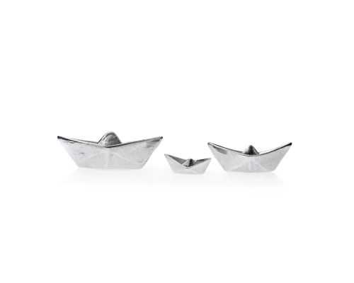 Boat Decorative Ornament Set of 3, Handmade Solid Aluminum Metal, "Paper Boat" Design - Large, Medium & Small, Silver Color