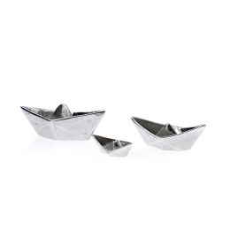 Boat Decorative Ornament Set of 3, Handmade Solid Aluminum Metal, "Paper Boat" Design - Large, Medium & Small, Silver Color