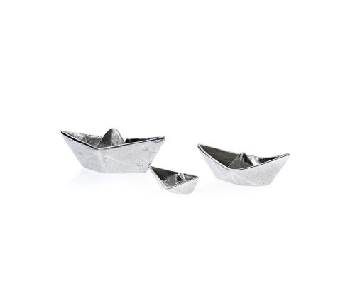Boat Decorative Ornament Set of 3, Handmade Solid Aluminum Metal, "Paper Boat" Design - Large, Medium & Small, Silver Color