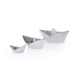 Boat Decorative Ornament Set of 3, Handmade Solid Aluminum Metal, "Paper Boat" Design - Large, Medium & Small, Silver Color