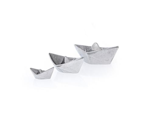 Boat Decorative Ornament Set of 3, Handmade Solid Aluminum Metal, "Paper Boat" Design - Large, Medium & Small, Silver Color