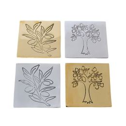 Drink Serving Coasters Set of 4 - Handmade Bronze Metal - Olive Branch Design - Gold