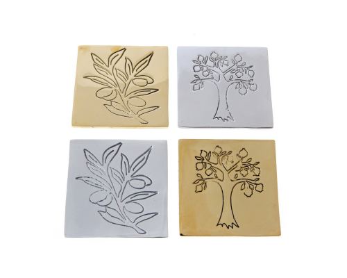 Drink Serving Coasters Set of 4 - Handmade Bronze Metal - Olive Branch Design - Gold