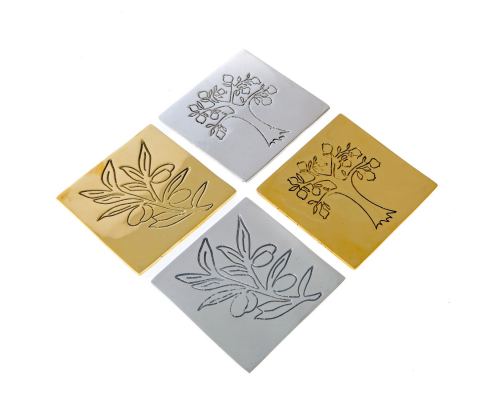 Drink Serving Coasters Set of 4 - Handmade Bronze Metal - Olive Branch Design - Gold