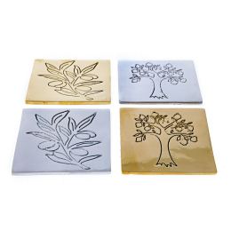 Drink Serving Coasters Set of 4 - Handmade Bronze Metal - Olive Branch Design - Gold