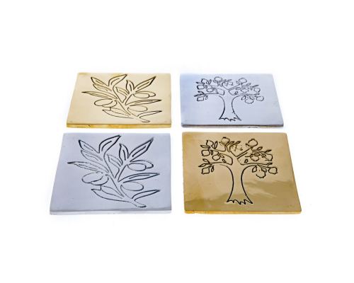 Drink Serving Coasters Set of 4 - Handmade Bronze Metal - Olive Branch Design - Gold