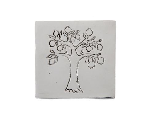 Drink Serving Coasters Set of 4 - Handmade Aluminum Metal - Pomegranate Tree Design - Silver