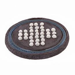 Solitaire Board Game - Handmade Ceramic Decorative Set - White Marbles & Brown, 23cm (9")