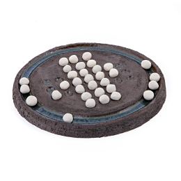 Solitaire Board Game - Handmade Ceramic Decorative Set - White Marbles & Brown, 23cm (9")