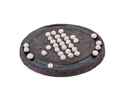 Solitaire Board Game - Handmade Ceramic Decorative Set - White Marbles & Brown, 23cm (9")