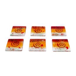 Drink Serving Coasters Set of 6 - Handmade Fused Glass - Spiral - Red, Orange, White