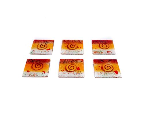 Drink Serving Coasters Set of 6 - Handmade Fused Glass - Spiral - Red, Orange, White