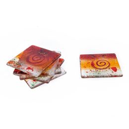 Drink Serving Coasters Set of 6 - Handmade Fused Glass - Spiral - Red, Orange, White