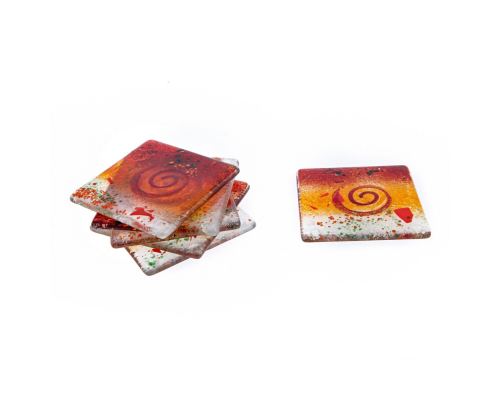 Drink Serving Coasters Set of 6 - Handmade Fused Glass - Spiral - Red, Orange, White