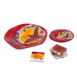 Drink Serving Coasters Set of 6 - Handmade Fused Glass - Spiral - Red, Orange, White