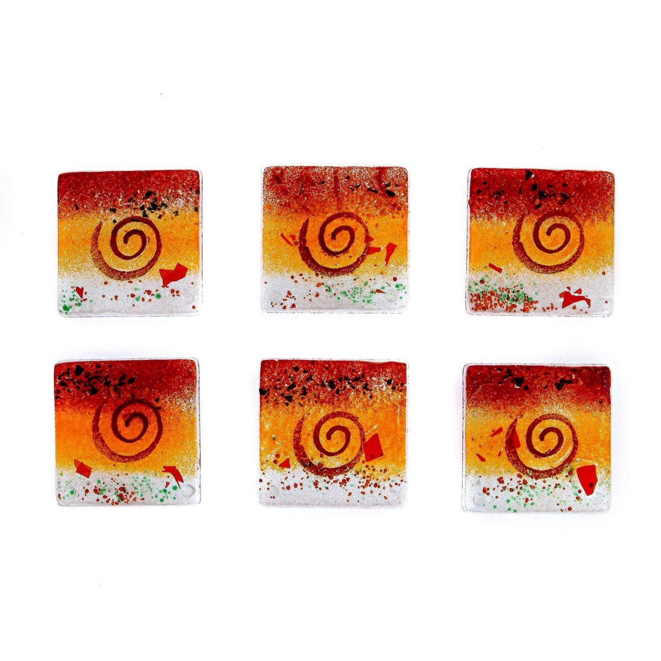 Drink Serving Coasters Set of 6 Handmade Fused Glass Spiral Red Orange White