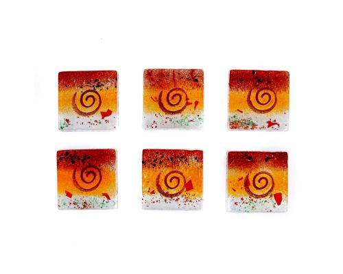 Drink Serving Coasters Set of 6 - Handmade Fused Glass - Spiral - Red, Orange, White