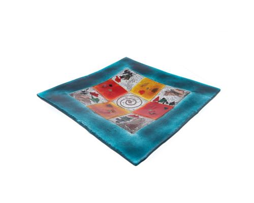 Decorative Square Platter, Handmade Fused Glass Centerpiece, Aqua Blue Design 35cm (13.8'')