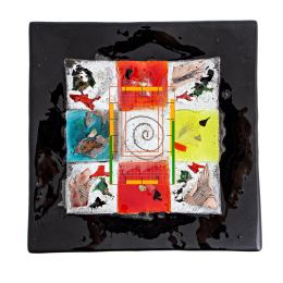 Decorative Square Platter, Handmade Fused Glass Centerpiece, Black Frame Patchwork Design 35cm (13.8'')