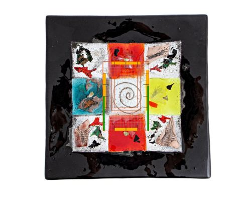 Decorative Square Platter, Handmade Fused Glass Centerpiece, Black Frame Patchwork Design 35cm (13.8'')