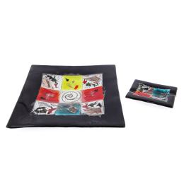 Decorative Square Platter, Handmade Fused Glass Centerpiece, Black Frame Patchwork Design 35cm (13.8'')