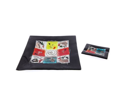 Decorative Square Platter, Handmade Fused Glass Centerpiece, Black Frame Patchwork Design 35cm (13.8'')