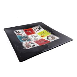 Decorative Square Platter, Handmade Fused Glass Centerpiece, Black Frame Patchwork Design 35cm (13.8'')