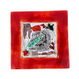 Decorative Square Platter, Handmade Fused Glass Centerpiece, Red Frame Design 35cm (13.8'')