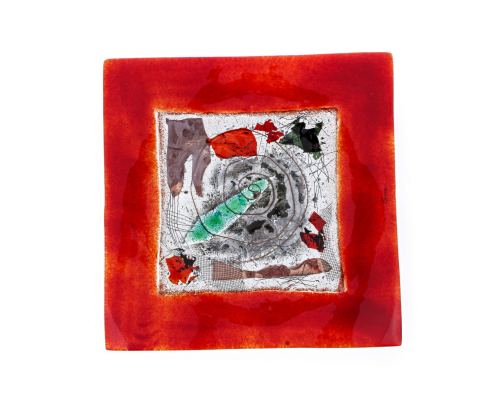 Decorative Square Platter, Handmade Fused Glass Centerpiece, Red Frame Design 35cm (13.8'')