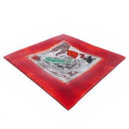 Decorative Square Platter, Handmade Fused Glass Centerpiece, Red Frame Design 35cm (13.8'')