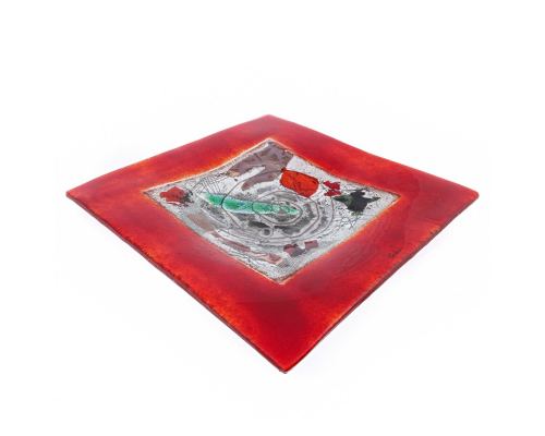 Decorative Square Platter, Handmade Fused Glass Centerpiece, Red Frame Design 35cm (13.8'')
