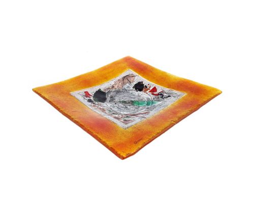 Decorative Square Platter, Handmade Fused Glass Centerpiece, Orange Frame Design 35cm (13.8'')